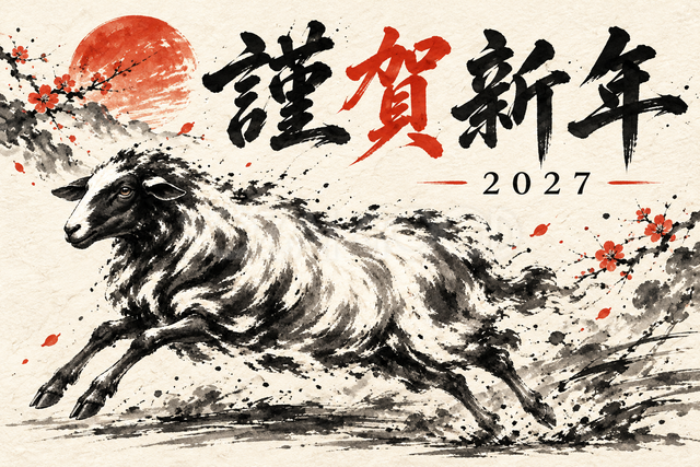 駆け出す羊の墨絵年賀状
