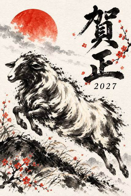 小さな丘を越える羊の墨絵年賀状