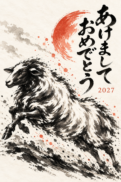 大地を蹴る羊の墨絵年賀状