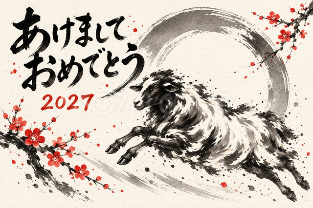 新春の風に跳ぶ羊の墨絵年賀状