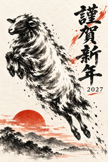 高く跳ねる羊の墨絵年賀状