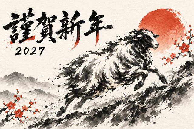 丘を駆ける羊の墨絵年賀状