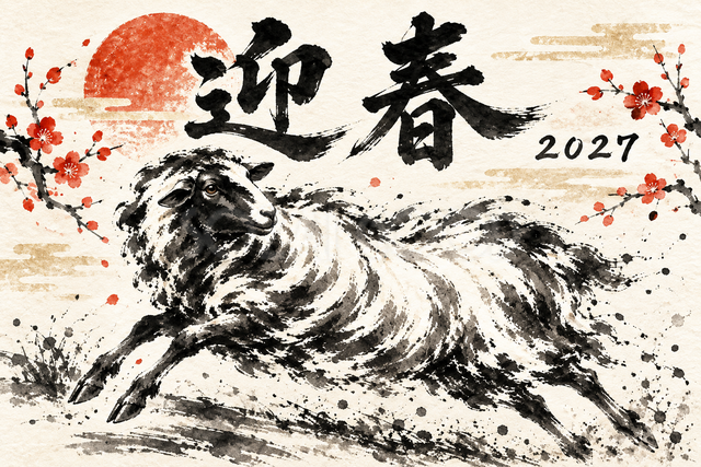 振り向きながら走る羊の墨絵年賀状