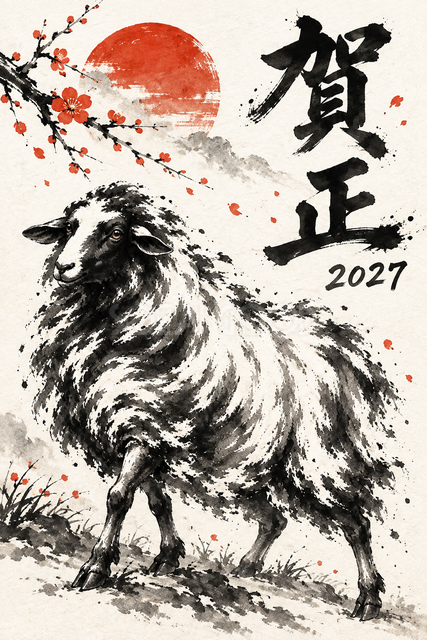 首をかしげる羊の墨絵年賀状