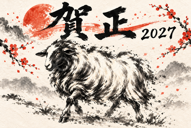 前へ歩く羊の墨絵年賀状