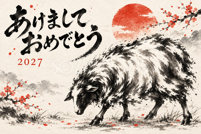お辞儀する羊の墨絵年賀状