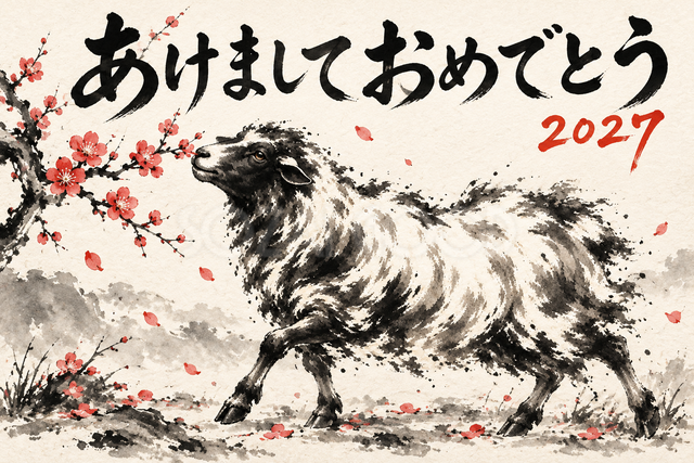 梅の香りをかぐ羊の墨絵年賀状
