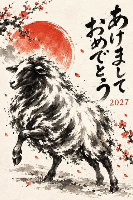 片足を浮かせる羊の墨絵年賀状