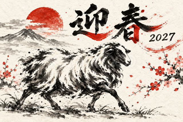 一歩踏み出す羊の墨絵年賀状