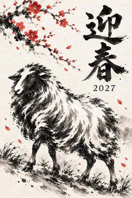 斜めに立つ羊の墨絵年賀状