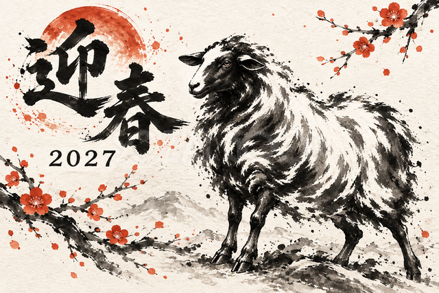 耳を澄ます羊の墨絵年賀状