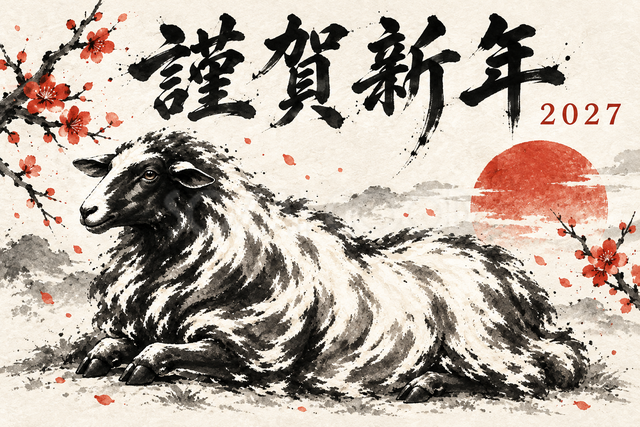 伏せて休む羊の墨絵年賀状