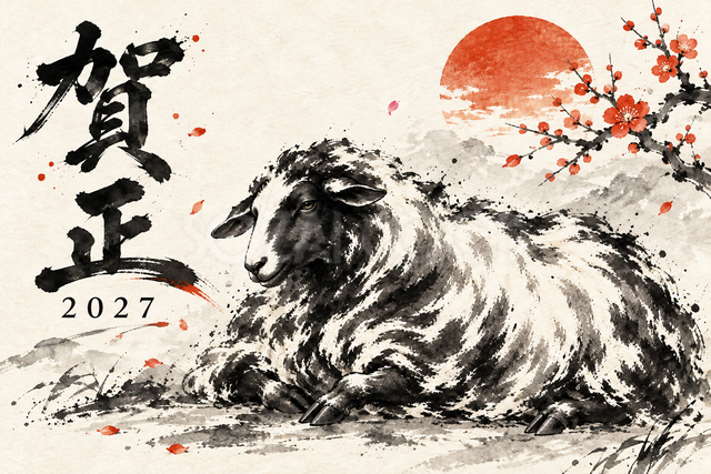 まどろむ羊の墨絵年賀状