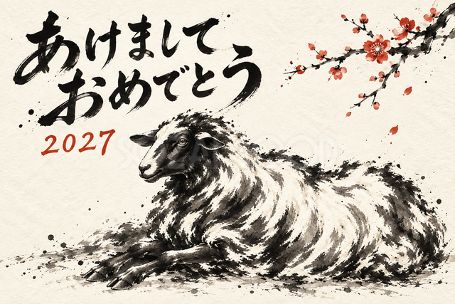 梅の下で休む羊の墨絵年賀状