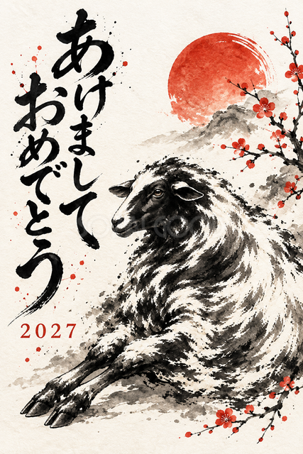前足を伸ばす羊の墨絵年賀状