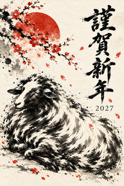 眠る羊の墨絵年賀状