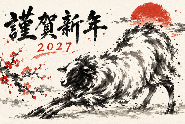 伸びをする羊の墨絵年賀状