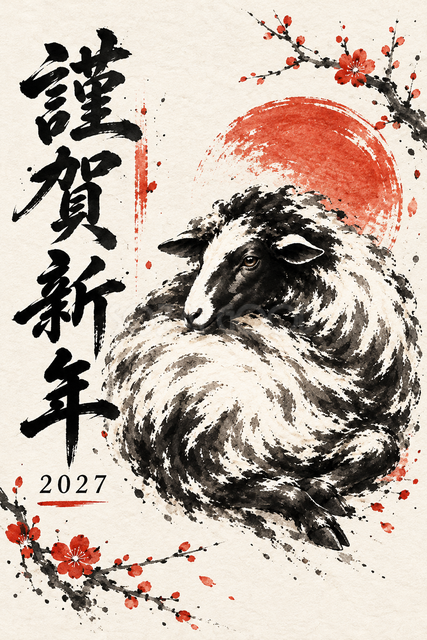 丸くなる羊の墨絵年賀状