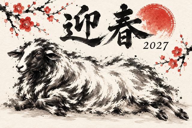 横になって休む羊の墨絵年賀状