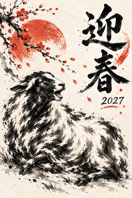 朝のあくびをする羊の墨絵年賀状