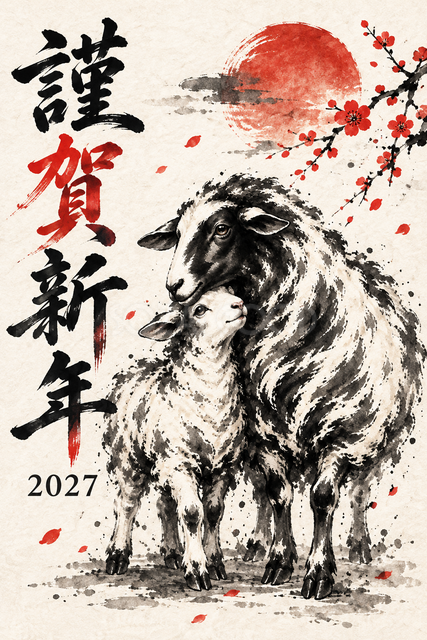 寄り添う羊の親子の墨絵年賀状