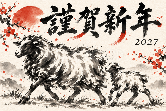 親子で歩く羊の墨絵年賀状