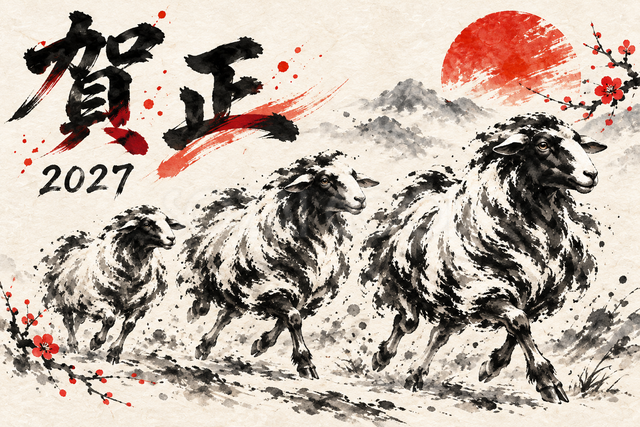 三匹で歩く羊の墨絵年賀状