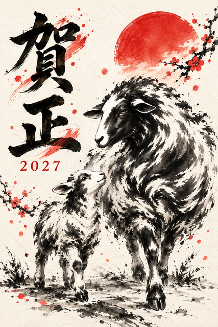 子羊を導く母羊の墨絵年賀状