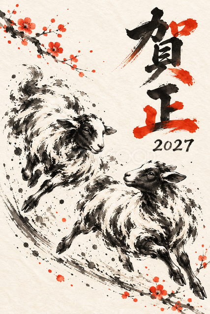 追いかけっこする子羊の墨絵年賀状