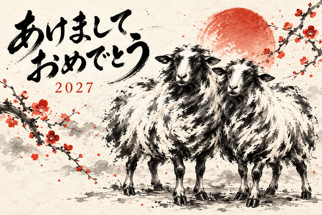 肩を並べる二匹の羊の墨絵年賀状
