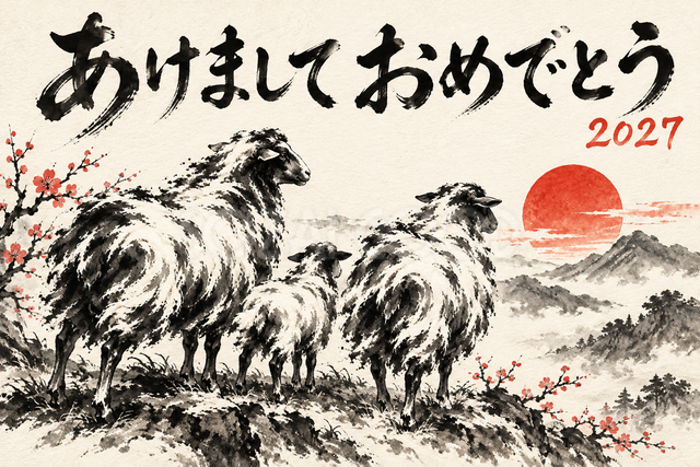 朝日を眺める羊の家族の墨絵年賀状