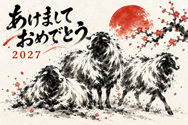 新春に集う羊たちの墨絵年賀状