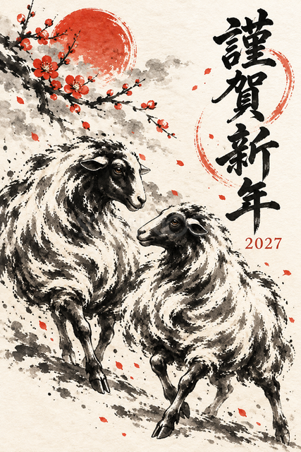 向かい合う二匹の羊の墨絵年賀状