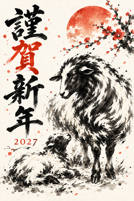 見守る母羊と子羊の墨絵年賀状