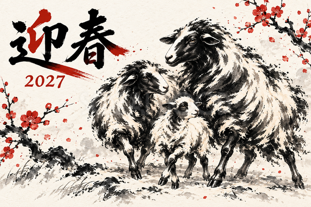 家族で迎える新年の墨絵年賀状
