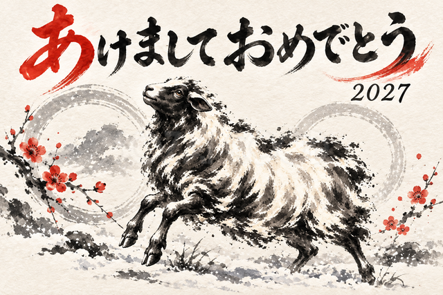 雪輪と子羊の墨絵年賀状