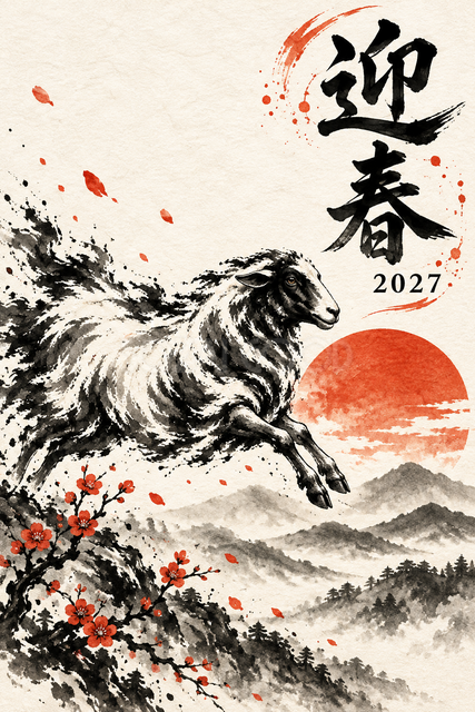初日の出と跳ぶ羊の墨絵年賀状
