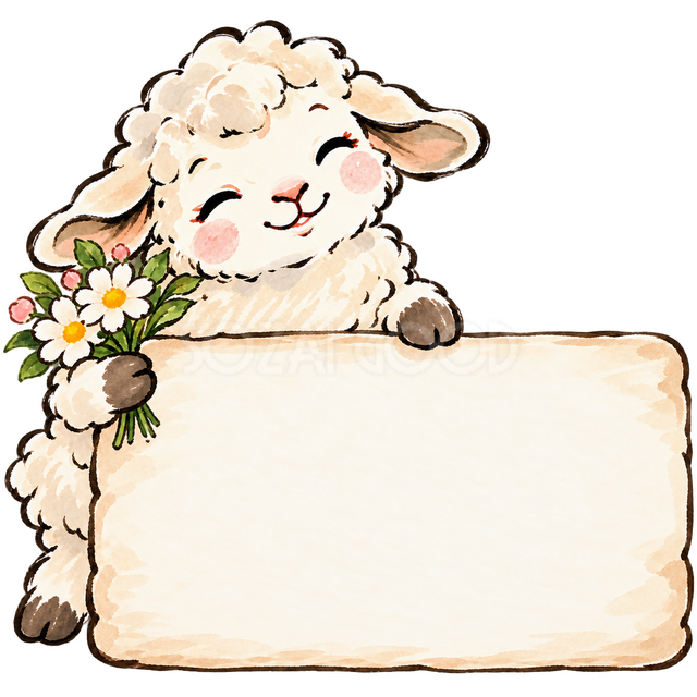 花束とメッセージカードの羊