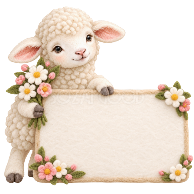 花束とメッセージカードの羊