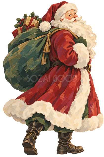 袋を担いで振り返るサンタ