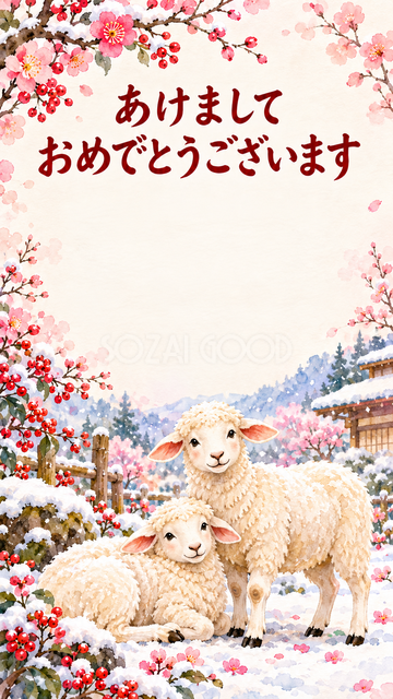 雪の庭で寄り添う羊