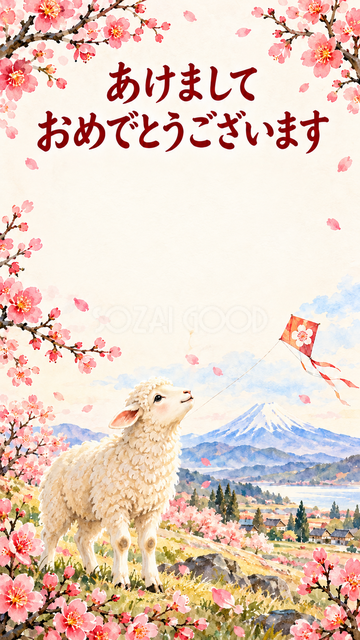 富士山と凧を見上げる羊