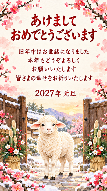 松飾りの門で迎える羊