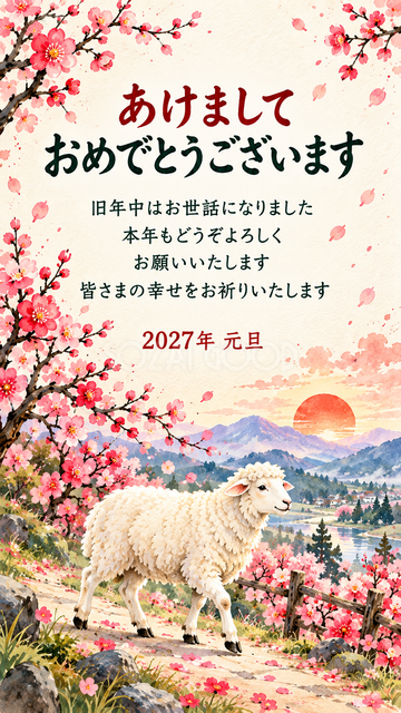 梅の小道を歩く羊