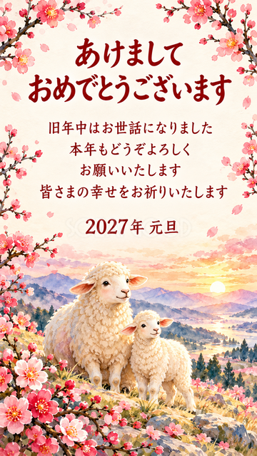初日の出を迎える羊親子