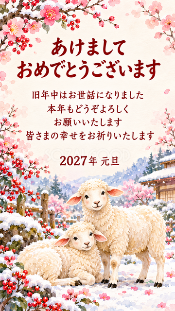 雪の庭で寄り添う羊