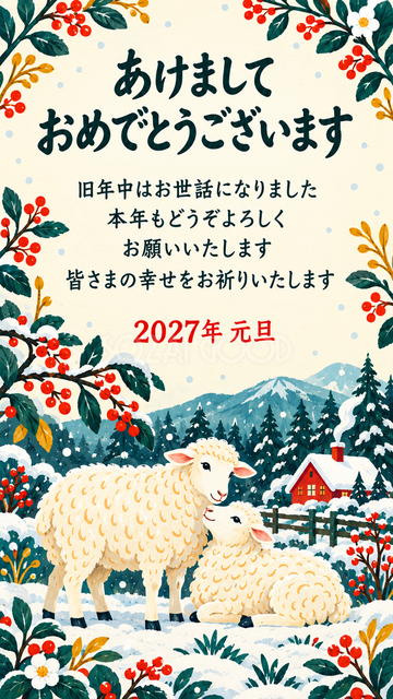 雪の庭で寄り添う羊