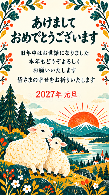 初日の出を迎える羊親子