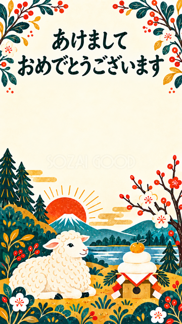 鏡餅と新年を祝う羊
