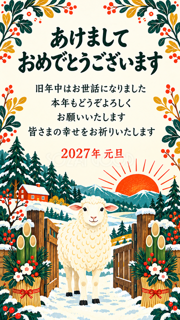 松飾りの門で迎える羊